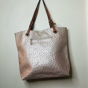 SCARLETON Rose Pink Synthetic Faux Ostritch Leather Brown Handles Zipper Bag